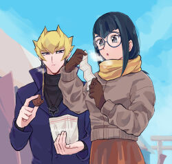 Rule 34 | 1boy, 1girl, alternate costume, bag, blonde hair, breath, carly nagisa, commentary request, eating, glasses, gloves, green eyes, green hair, highres, ishinonono, jack atlas, jewelry, long hair, necklace, outdoors, purple eyes, scarf, short hair, turtleneck, winter clothes, yu-gi-oh!, yu-gi-oh! 5d&#039;s