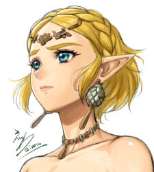 Rule 34 | 1girl, bare shoulders, blonde hair, blue eyes, braid, closed mouth, collarbone, commentary request, crown braid, earrings, eiwa, floating hair, forehead, jewelry, lips, looking away, necklace, nintendo, pink lips, pointy ears, portrait, princess zelda, short hair, signature, simple background, solo, the legend of zelda, the legend of zelda: tears of the kingdom, upper body, white background