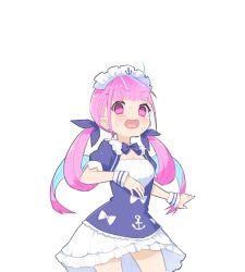 Rule 34 | 13o, 1girl, @ @, anchor, anchor symbol, bad id, bad pixiv id, blue bow, blue dress, blue hair, blue ribbon, blush, bow, braid, breasts, colored inner hair, dress, frilled dress, frills, hair ribbon, highres, hololive, long hair, looking at viewer, minato aqua, minato aqua (1st costume), multicolored hair, open mouth, pink hair, puffy short sleeves, puffy sleeves, purple eyes, ribbon, short sleeves, simple background, small breasts, solo, sweat, twintails, two-tone hair, very long hair, virtual youtuber, wavy mouth, white background, wrist cuffs