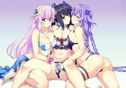Rule 34 | 3girls, adult neptune, ass, bare arms, bare legs, bare shoulders, barefoot, bikini, black hair, blue eyes, blush, breast press, breasts, commission, d-pad, d-pad hair ornament, feet, frilled bikini, frills, hair between eyes, hair ornament, hair ribbon, large breasts, lindaroze, long hair, looking at viewer, medium breasts, multiple girls, navel, neptune (neptunia), neptune (series), noire (neptunia), paid reward available, power symbol, power symbol-shaped pupils, purple eyes, purple hair, purple heart (neptunia), red eyes, ribbon, scrunchie, sitting, smile, swimsuit, symbol-shaped pupils, toes, twintails, very long hair, wrist scrunchie, yuri