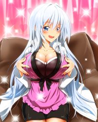 Rule 34 | 1girl, black skirt, blue eyes, blush, grabbing another&#039;s breast, breasts, cleavage, grabbing, heart, heart background, highres, huge breasts, long hair, miniskirt, ore twintail ni narimasu, pillow, pink background, shirt, skirt, smile, solo, sparkle, twoearle, very long hair, white hair, yuto (dialique)