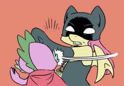 Rule 34 | batman, batman (cosplay), cosplay, dc comics, elbow gloves, fluttershy, frown, gloves, hat, long hair, mask, meme, motion lines, my little pony, my little pony: friendship is magic, my parents are dead, no humans, parody, parted lips, pink hair, robin (cosplay), robin (dc), robin (dc) (cosplay), shepherd0821, simple background, slapping, spike (my little pony), wings