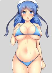 Rule 34 | 10s, 1girl, alternate costume, bad id, bad twitter id, bare arms, bare shoulders, bikini, blue bikini, blue eyes, blue hair, blush, breasts, collarbone, commentary request, cowboy shot, double bun, hair bun, hat, kantai collection, kisaragi nana, large breasts, long hair, looking at viewer, matching hair/eyes, navel, open mouth, sailor hat, sideboob, simple background, skindentation, solo, standing, stomach, swimsuit, thigh gap, underboob, urakaze (kancolle), white background, white hat