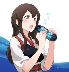 Rule 34 | 10s, 1girl, akagi (kancolle), brown eyes, brown hair, drooling, game console, handheld game console, hungry, japanese clothes, jumping dogeza, kantai collection, long hair, meta, muneate, open mouth, personification, playstation symbols, playstation vita, solo, you&#039;re doing it wrong