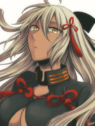 Rule 34 | 1girl, black bow, bow, breasts, brown eyes, cleavage, cleavage cutout, clothing cutout, commentary request, dark-skinned female, dark skin, fate/grand order, fate (series), hair bow, large breasts, long hair, okita souji (fate), okita souji alter (fate), portrait, signature, solo, tassel, white hair, yuuzuki230