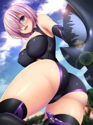 Rule 34 | 1girl, ass, bare shoulders, black gloves, black leotard, blurry, blurry background, blush, breasts, cameltoe, cloud, cloudy sky, covered erect nipples, day, elbow gloves, eyes visible through hair, fate/grand order, fate (series), from below, gloves, hair over one eye, holding, holding shield, large breasts, lens flare, leotard, light purple hair, lips, looking at viewer, looking down, mash kyrielight, militia minpei, open mouth, outdoors, shield, short hair, sky, smile, solo, standing, standing on one leg, sun, sweat, thick thighs, thighs, tongue, tree, twisted torso