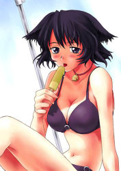 Rule 34 | 1girl, animal ears, bell, bikini, blue eyes, blue hair, breasts, cleavage, collar, food, large breasts, matching hair/eyes, neck bell, popsicle, solo, swimsuit, tanaka shoutarou