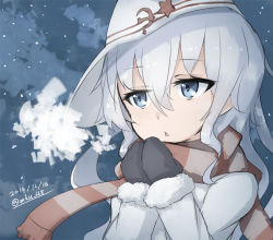 Rule 34 | 10s, 1girl, 2014, aqua eyes, aqua hair, breath, chestnut mouth, coat, cold, dated, flat cap, hammer and sickle, hat, hibiki (kancolle), kantai collection, long hair, mittens, mku, scarf, snow, solo, striped clothes, striped scarf, twitter username, upper body, verniy (kancolle), winter clothes