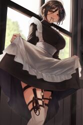 Rule 34 | 1girl, alternate costume, apron, black dress, breasts, brown hair, clothes lift, dress, frilled apron, frills, hair ornament, highres, large breasts, lifted by self, looking at viewer, maid, maid apron, maid headdress, nekotokage, nijisanji, open mouth, orange eyes, puffy sleeves, shirayuki tomoe, short hair, skirt, skirt lift, smile, solo, thighhighs, unconventional maid, virtual youtuber, waist apron, whip, white apron