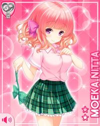 Rule 34 | 1girl, blouse, bow, character name, closed mouth, collar, girlfriend (kari), green bow, green skirt, hand on breasts, holding, kneeling, nitta moeka, official art, pink background, pink bow, pink hair, pointing, pointing at self, purple eyes, qp:flapper, school uniform, shirt, shoes, short hair, skirt, smile, solo, standing, tagme, thighhighs, white shirt