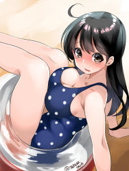 Rule 34 | 1girl, ahoge, bad anatomy, bad arm, bad hands, bare arms, bare legs, bare shoulders, black hair, black one-piece swimsuit, blush, breasts, brown eyes, cleavage, highres, innertube, kantai collection, large breasts, long hair, one-piece swimsuit, open mouth, polka dot, polka dot swimsuit, solo, swim ring, swimsuit, takase muh, tears, twitter username, ushio (kancolle)