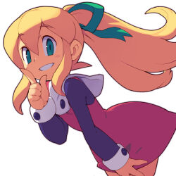 Rule 34 | 1girl, blonde hair, blush stickers, commentary request, dress, finger to mouth, green eyes, green outline, green ribbon, grin, hair between eyes, hair ribbon, hand up, index finger raised, long hair, long sleeves, looking at viewer, mega man (classic), mega man (series), metata, outline, ponytail, red dress, redrawn, ribbon, roll (mega man), simple background, smile, solo, teeth, white background