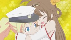 Rule 34 | 2girls, :d, ^ ^, admiral (kancolle), admiral (kancolle) (cosplay), ahoge, alice cartelet, bad id, bad pixiv id, bare shoulders, blonde hair, blue eyes, brown hair, cell-do (quzz), closed eyes, cosplay, derivative work, detached sleeves, double bun, closed eyes, hair ornament, hairband, hat, headgear, hex grid, honeycomb (pattern), honeycomb background, honeycomb pattern, hug, japanese clothes, kantai collection, kin-iro mosaic, kongou (kancolle), kujou karen, long hair, miko, military, military uniform, multiple girls, nontraditional miko, open mouth, parody, personification, sleeves past wrists, smile, torofuwa kuzu, touyama nao, twintails, uniform, voice actor connection