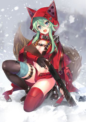 Rule 34 | 1girl, :d, belt, black footwear, black gloves, blue eyes, blush, boots, breasts, cleavage, cosplay, fingerless gloves, full body, gloves, green hair, gun, hair between eyes, holding, holding weapon, hood, hooded jacket, jacket, large breasts, little red riding hood, little red riding hood (grimm), little red riding hood (grimm) (cosplay), long hair, looking at viewer, navel, nyoro (nyoronyoro000), open clothes, open fly, open jacket, open mouth, original, outdoors, red jacket, red thighhighs, short shorts, shorts, shotgun, shotgun shell, sidelocks, single thigh boot, smile, snow, solo, squatting, tail, thigh boots, thigh strap, thighhighs, trigger discipline, weapon, wolf hood, wolf tail