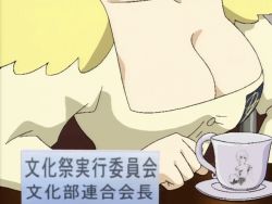 Rule 34 | 1girl, animated, animated gif, bouncing breasts, breasts, cleavage, cup, head out of frame, large breasts, mahou tsukai tai!, medium breasts, miyama mizuha, saucer, school uniform, screencap, solo, tagme, teacup, translation request