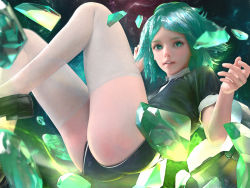 Rule 34 | 1other, androgynous, aqua eyes, aqua hair, ass, black footwear, black necktie, black shirt, black shorts, blouse, blush, crystal, foreshortening, glowing, highres, houseki no kuni, legs up, lips, loafers, looking at viewer, midair, necktie, parted bangs, parted lips, phosphophyllite, realistic, ryan tien, shatter, shirt, shoes, short hair, short shorts, short sleeves, shorts, smile, solo, thighhighs, thighs, white thighhighs
