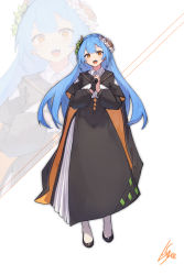 Rule 34 | 1girl, black cape, black dress, blue hair, blush, breasts, brown eyes, cape, commentary request, covered navel, dress, flower, full body, gloves, grey background, hair flower, hair ornament, highres, horns, lansane, long hair, looking at viewer, open mouth, orange cape, original, own hands together, signature, single glove, smile, solo, standing, teeth, upper teeth only