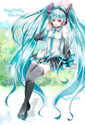Rule 34 | 10s, 1girl, 2013, aqua eyes, aqua hair, boots, character name, dated, detached sleeves, happy birthday, hatsune miku, headset, long hair, musical note, necktie, sitting, skirt, solo, thigh boots, thighhighs, tsujiori, twintails, very long hair, vocaloid
