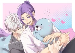 Rule 34 | 2boys, black pants, blue lock, closed eyes, collared shirt, commentary request, cowboy shot, grey shirt, holding, holding stuffed toy, hug, hug from behind, mai (mayuge necono), male focus, mikage reo, multiple boys, nagi seishirou, open mouth, pants, pink background, purple eyes, purple hair, purple shirt, shirt, short eyebrows, short hair, short ponytail, short sleeves, sitting, smile, stuffed toy, twitter username, upper body, white hair, yaoi