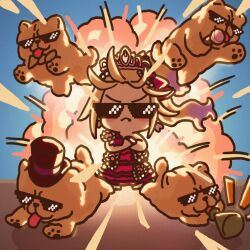 Rule 34 | 1girl, :&lt;, animal, blonde hair, bow, bowtie, chibi, chibi only, closed mouth, clothed animal, commentary, crossed arms, dog, dress, dress flower, explosion, fang, gameplay mechanics, gradient hair, hair bow, hat, high side ponytail, holding, holding megaphone, holding microphone, link! like! love live!, love live!, megaphone, microphone, multicolored hair, osawa rurino, princess, purple hair, red bow, red dress, single-shoulder dress, sunglasses, sunkeun04, tiara, tongue, tongue out, top hat, two-tone hair, v-shaped eyebrows