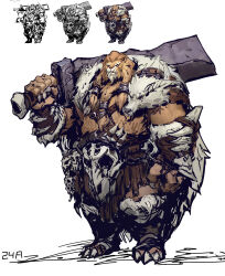 Rule 34 | 1boy, 24a (ershisiai), absurdres, artist name, cape, copyright request, detached sleeves, full body, furry, furry male, highres, holding, holding weapon, lion boy, long sleeves, looking at viewer, multiple views, muscular, muscular male, over shoulder, skull, standing, tusks, weapon, weapon over shoulder, white background