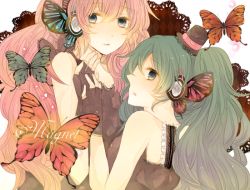Rule 34 | 2girls, aqua hair, bad id, bad pixiv id, blue eyes, bug, butterfly, butterfly wings, dress, fingerless gloves, gloves, hatsune miku, headphones, insect, insect wings, komine, long hair, magnet (vocaloid), megurine luka, multiple girls, pink hair, twintails, vocaloid, wings, yuri