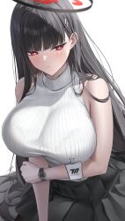 Rule 34 | 1girl, absurdres, arm under breasts, black hair, black skirt, blue archive, blush, bra visible through clothes, breasts, hair ornament, hairclip, halo, highres, huge breasts, id card, long hair, pleated skirt, red eyes, rio (blue archive), skirt, sleeveless, sleeveless turtleneck, solo, sweater, turtleneck, very long hair, watch, white sweater, wristwatch, yabacha