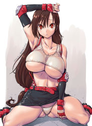 Rule 34 | 1girl, amania orz, black skirt, breasts, brown hair, elbow pads, final fantasy, final fantasy vii, final fantasy vii remake, fingerless gloves, gloves, gluteal fold, highres, large breasts, long hair, looking at viewer, low-tied long hair, navel, panties, red eyes, shiny skin, shirt, sitting, skirt, solo, spread legs, square enix, suspender skirt, suspenders, tank top, taut clothes, taut shirt, tifa lockhart, underboob, underwear, wariza, white panties, white tank top