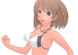 Rule 34 | 1girl, :p, bikini, blue eyes, breasts, brown hair, jewelry, kiriman (souldeep), large breasts, necklace, simple background, solo, swimsuit, tongue, tongue out, white background