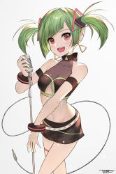 Rule 34 | 1girl, asymmetrical bangs, black skirt, bracelet, breasts, clothing cutout, delutaya, earrings, grey background, hair behind ear, halterneck, highres, holding, holding microphone, indie virtual youtuber, jewelry, jun wei, microphone, microphone stand, open mouth, short hair, skirt, small breasts, smile, solo, thigh strap, triangle earrings, twintails, underboob, underboob cutout, virtual youtuber