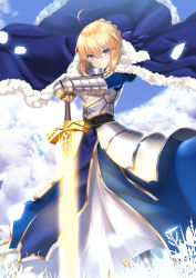 Rule 34 | absurdres, ahoge, artoria pendragon (all), artoria pendragon (fate), braid, day, excalibur (fate/stay night), fate/grand order, fate (series), french braid, hair between eyes, highres, md5 mismatch, mirea, outdoors, resolution mismatch, saber (fate), solo, source smaller