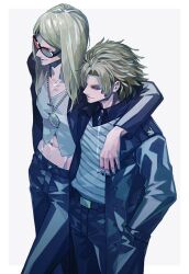 Rule 34 | 2boys, black jacket, black nails, black necktie, black pants, black shirt, blonde hair, cigarette, coat, daybit sem void, fate/grand order, fate (series), feet out of frame, from above, hair over one eye, hand in pocket, hand on another&#039;s shoulder, holding, holding cigarette, jacket, jewelry, long hair, long jacket, looking ahead, male focus, medallion, midriff, multiple boys, navel, necklace, necktie, open clothes, orange-tinted eyewear, pants, profile, sei 8220, shirt, short hair, simple background, smile, smoke, sunglasses, tezcatlipoca (fate), tinted eyewear, trench coat, white background, white shirt