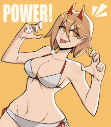 Rule 34 | 1girl, absurdres, alternate hair length, alternate hairstyle, aneurysm ax, bikini, blonde hair, breasts, chainsaw man, character name, claw pose, cross-shaped pupils, hair between eyes, highres, horns, looking to the side, medium breasts, panties, power (chainsaw man), red horns, short hair, side-tie panties, simple background, solo, swimsuit, symbol-shaped pupils, tongue, tongue out, underwear, white bikini, yellow background, yellow eyes