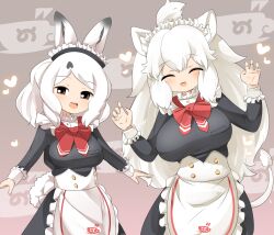 Rule 34 | 2girls, ahoge, alternate costume, animal ear fluff, animal ears, apron, arctic hare (kemono friends), black dress, blush, bow, bowtie, breasts, brown eyes, closed eyes, commentary request, cowboy shot, dress, enmaided, frilled apron, frills, highres, japari symbol, kemono friends, kemono friends 3, large breasts, lets0020, lion ears, lion girl, lion tail, long hair, long sleeves, looking at viewer, maid, maid headdress, medium bangs, medium breasts, medium hair, multiple girls, open mouth, rabbit ears, rabbit girl, rabbit tail, red bow, red bowtie, sidelocks, smile, tail, teeth, upper teeth only, very long hair, waist apron, white apron, white hair, white lion (kemono friends)