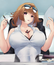 Rule 34 | 1boy, 1girl, beret, black neckwear, blurry, bra, bra peek, breasts, brown hair, chair, cleavage, collarbone, commander (girls&#039; frontline), depth of field, eyewear on head, girls&#039; frontline, griffin &amp; kryuger military uniform, grizzly mkv (girls&#039; frontline), hat, highres, holding, holding paper, holding pen, jacket, lace, lace-trimmed bra, lace trim, large breasts, military, military uniform, mini person, miniboy, necktie, open clothes, open mouth, open shirt, paper, pen, person between breasts, pointing, purple eyes, red headwear, red jacket, shirt, sitting, size difference, sleeveless, sleeveless shirt, sunglasses, teeth, teston, underwear, uniform, upper body, upper teeth only, white shirt