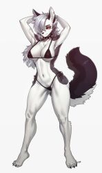 Rule 34 | 1girl, :3, absurdres, animal ears, animal nose, arms behind head, artist name, bikini, black bikini, black collar, breasts, collar, colored sclera, commission, dog ears, dog tail, ear piercing, furry, furry female, grey eyes, grey hair, hair over one eye, helluva boss, highres, long hair, looking at viewer, loona (helluva boss), medium breasts, pgm300, piercing, red sclera, solo, spiked collar, spikes, swimsuit, tail, white fur