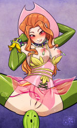 Rule 34 | 1girl, anal, anal object insertion, anus, blush, bracelet, breasts, brown eyes, brown hair, clitoral stimulation, collar, corset, cosplay, cowboy hat, cuffs, digimon, digimon adventure, elbow gloves, female focus, female masturbation, gloves, green gloves, green thighhighs, hat, jewelry, licking lips, lilimon, lilimon (cosplay), long hair, masturbation, my pet tentacle monster, naughty face, nipple piercing, nipples, object insertion, piercing, pussy, pussy juice, red eyes, remote control vibrator, see-through, sex toy, smile, solo, spiked bracelet, spiked collar, spikes, spread legs, sweat, tachikawa mimi, tape, thighhighs, togemon, tongue, tongue out, uncensored, vibrator