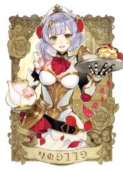 Rule 34 | 1girl, absurdres, armor, armored dress, braid, braided bangs, breasts, character name, cup, dress, flower, food, genshin impact, green eyes, grey hair, hair flower, hair ornament, highres, holding, large breasts, looking at viewer, maid headdress, misoshiru umai4, noelle (genshin impact), open mouth, petals, red flower, red rose, rose, short hair, signature, solo, teacup, teapot, tray, twitter username
