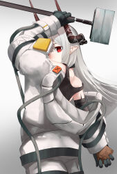 Rule 34 | 1girl, absurdres, ao oni (onioni-aoi), arknights, arm up, bandaged arm, bandages, black gloves, black sports bra, brown horns, closed mouth, commentary request, cowboy shot, expressionless, from behind, gloves, gradient background, grey background, grey hair, grey jacket, hammer, highres, holding, holding hammer, holding rock, holding weapon, hood, hood down, hooded jacket, horns, jacket, long hair, long sleeves, looking at viewer, looking back, material growth, mudrock (arknights), mudrock (elite ii) (arknights), off shoulder, one eye covered, oripathy lesion (arknights), pointy ears, red eyes, rock, sledgehammer, solo, sports bra, strap slip, tank top, weapon, white background