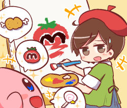 Rule 34 | +++, 1girl, :d, adeleine, beret, blue eyes, blue skirt, blush, boned meat, brown eyes, brown hair, candy, canvas (object), creature, easel, eye contact, food, green shirt, hat, holding, holding paintbrush, invincible candy, kirby, kirby (series), lollipop, looking at another, looking to the side, maxim tomato, meat, naga u, nintendo, open mouth, paintbrush, painting (action), red hat, shirt, short sleeves, skirt, smile, sweatdrop, swirl lollipop