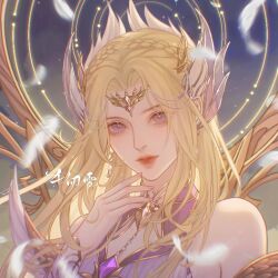 Rule 34 | 1girl, bare shoulders, beads, blonde hair, blue eyes, bright pupils, closed mouth, douluo dalu, dress, earrings, falling feathers, feathers, hair ornament, halo, hand up, highres, jewelry, long hair, night, qian renxue (douluo dalu), solo, star (sky), white pupils, zuotian ye y