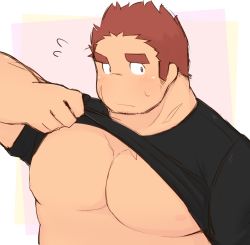 Rule 34 | 1boy, 3c pan, alternate pectoral size, bara, bare pectorals, black shirt, blush, brown hair, clothes lift, facial hair, facial scar, flying sweatdrops, tamamura gunzo, large pectorals, lifted by self, long sideburns, male focus, muscular, muscular male, nipples, pectoral focus, pectorals, scar, scar on cheek, scar on face, shirt, shirt lift, short hair, sideburns, solo, spiked hair, stubble, sweatdrop, thick eyebrows, tokyo houkago summoners, underpec, upper body