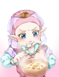 Rule 34 | 1girl, aged down, blue eyes, blush, bowl, child, eating, female focus, food, gradient background, hat, highres, nintendo, pointy ears, princess zelda, simple background, solo, spoon, stew, sweat, the legend of zelda, the legend of zelda: ocarina of time, wasabi (legemd), young zelda