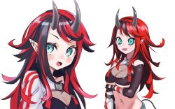 Rule 34 | 1girl, arm strap, bikini, bikini top only, black bikini, black hair, blue eyes, blue shorts, blush, breasts, commentary request, compression sleeve, demon girl, demon horns, demon tail, ear piercing, gin (tttetu123), highres, horns, jacket, large breasts, long hair, looking at viewer, midriff, multicolored hair, multiple views, nanashi inc., navel, navel piercing, official alternate costume, open mouth, piercing, pointy ears, red hair, ryugasaki rene, ryugasaki rene (2nd costume), shorts, shrug (clothing), simple background, single sleeve, striped clothes, striped jacket, sugar lyric, swimsuit, tail, two-tone hair, underboob, upper body, virtual youtuber, white background, white jacket