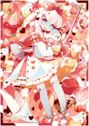 Rule 34 | 1girl, blood, blood bag, buttons, cake, candle, dress, drooling, food, frilled dress, frills, fruit, grey eyes, hair ribbon, heart, highres, intravenous drip, open mouth, original, pink hair, pink theme, ribbon, saijo1201, shoes, sidelocks, standing, star (symbol), stitches, strawberry, stuffed toy, thighhighs, twitter username