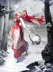 Rule 34 | 1girl, bandages, barefoot, basket, blush, cape, dress, flower, forest, hood, little red riding hood, long hair, nature, original, red cape, red eyes, little red riding hood (grimm), rio (2190612), rio (lamaran), rose, snow, solo, tiptoes, tree, walking, white hair
