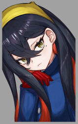 1girl absurdres black_hair blue_jacket blueberry_academy_school_uniform border carmine_(pokemon) closed_mouth colored_inner_hair creatures_(company) crossed_bangs eyelashes game_freak gloves grey_background grey_border hair_between_eyes hairband highres jacket lechiennoir long_hair long_sleeves looking_at_viewer mole mole_under_eye multicolored_hair nintendo pokemon pokemon_sv red_gloves red_hair school_uniform solo two-tone_hair upper_body yellow_eyes yellow_hairband