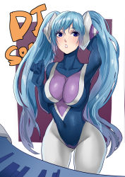 Rule 34 | 1girl, absurdres, arm up, bbbs, blue eyes, blue hair, bodysuit, breasts, character name, cleavage, collarbone, covered navel, curvy, dj sona, eyelashes, gluteal fold, headphones, highres, keyboard, large breasts, league of legends, lips, matching hair/eyes, open mouth, skin tight, solo, sona (league of legends), teeth, twintails, wide hips