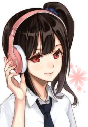 Rule 34 | 1girl, adjusting headphones, ashiya hiro, black necktie, blunt bangs, blush, closed mouth, collared shirt, floral background, hair ornament, hair scrunchie, hand up, headphones, lips, long hair, looking at viewer, multicolored hair, nail polish, necktie, original, paw print, pink nails, scrunchie, shirt, side ponytail, solo, streaked hair, upper body, white shirt, wing collar