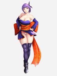 Rule 34 | 1girl, ayane (doa), breasts, cleavage, dead or alive, hands on own hips, highres, large breasts, md5 mismatch, panties, pantyshot, purple hair, purple thighhighs, resolution mismatch, simple background, solo, source smaller, standing, thighhighs, thighs, underwear, white background